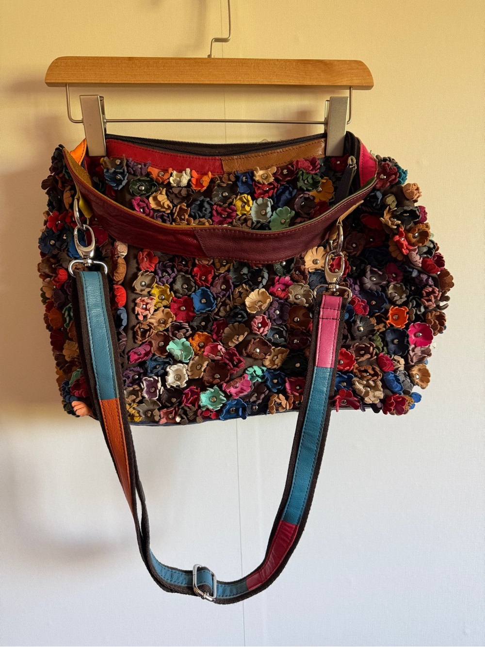 Boho Leather Floral Appliqué Tote Multicolor 3D Flowers Shoulder Bag